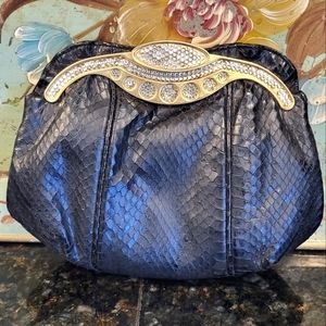 Vintage Bellini Collection Black Snakeskin and Rhinestone Elegant Clutch Purse